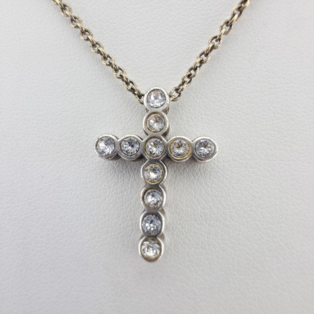 BRIGHTON 'U R Loved' Necklace Reversible Crystal Accented Cross Silver Plate 20"